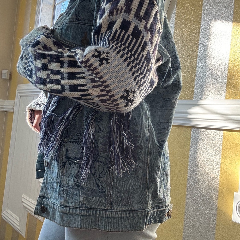 Denim Jacket with Knit Sleeves and Fringe - Picture 9 of 9